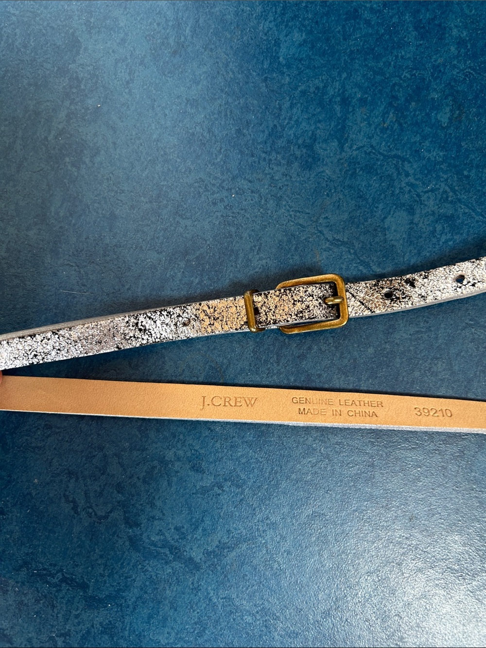 J. Crew Silver Crackle Leather Belt with Gold Buckle